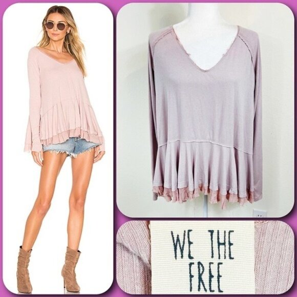 WE THE FREE Tangerine Lavender & Pink Distressed Ruffle Long Sleeve Tee - SMALL - Picture 1 of 11